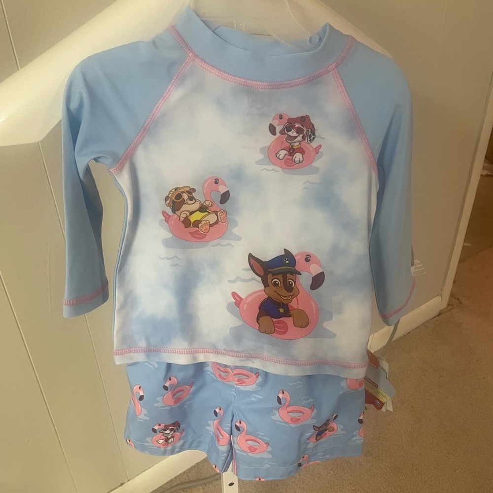 Paw patrol sim trunks and rash guard shirt NWT